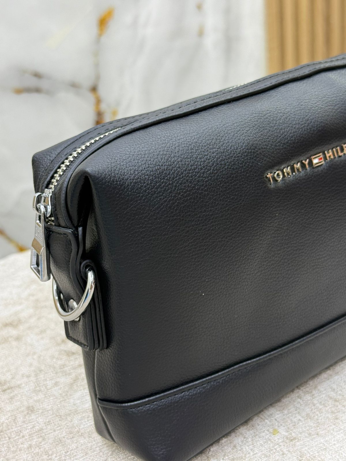 Black Tommy Hilfiger Leather Crossbody Clutch Bag with Back Zip Pockets