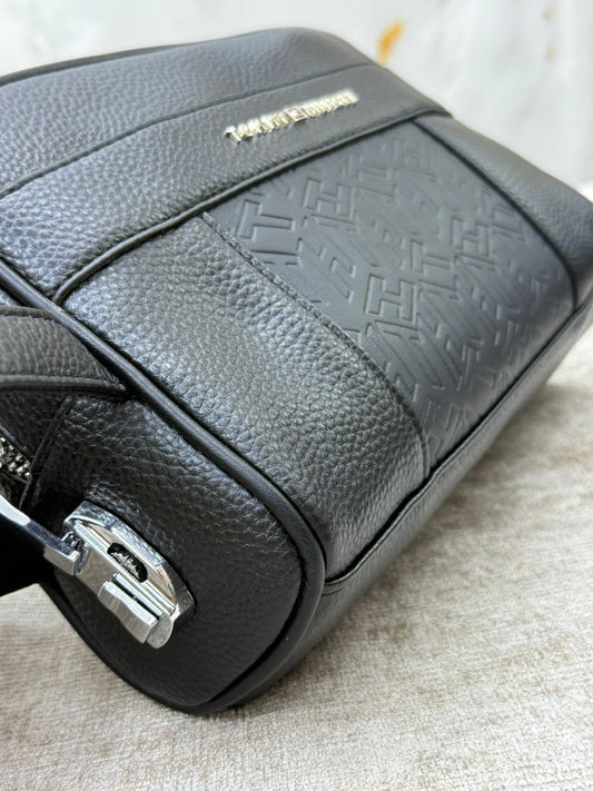 Black Tommy Hilfiger Leather Clutch Bag with Embossed Logo Pane