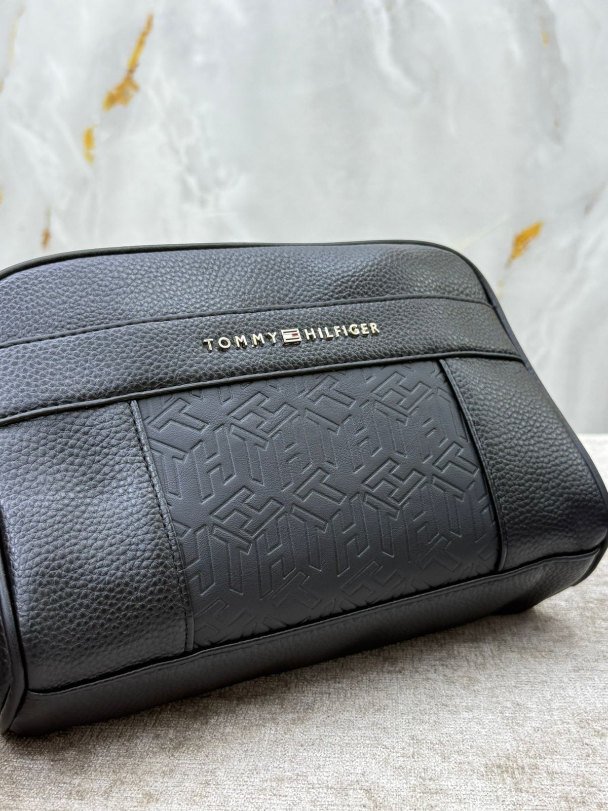 Black Tommy Hilfiger Leather Clutch Bag with Embossed Logo Pane