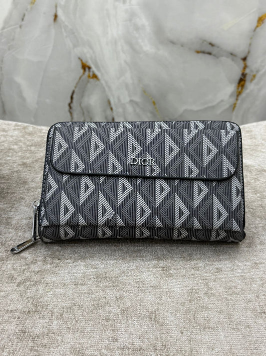 Grey Dior Geometric Pattern Zip Wallet Clutch Bag