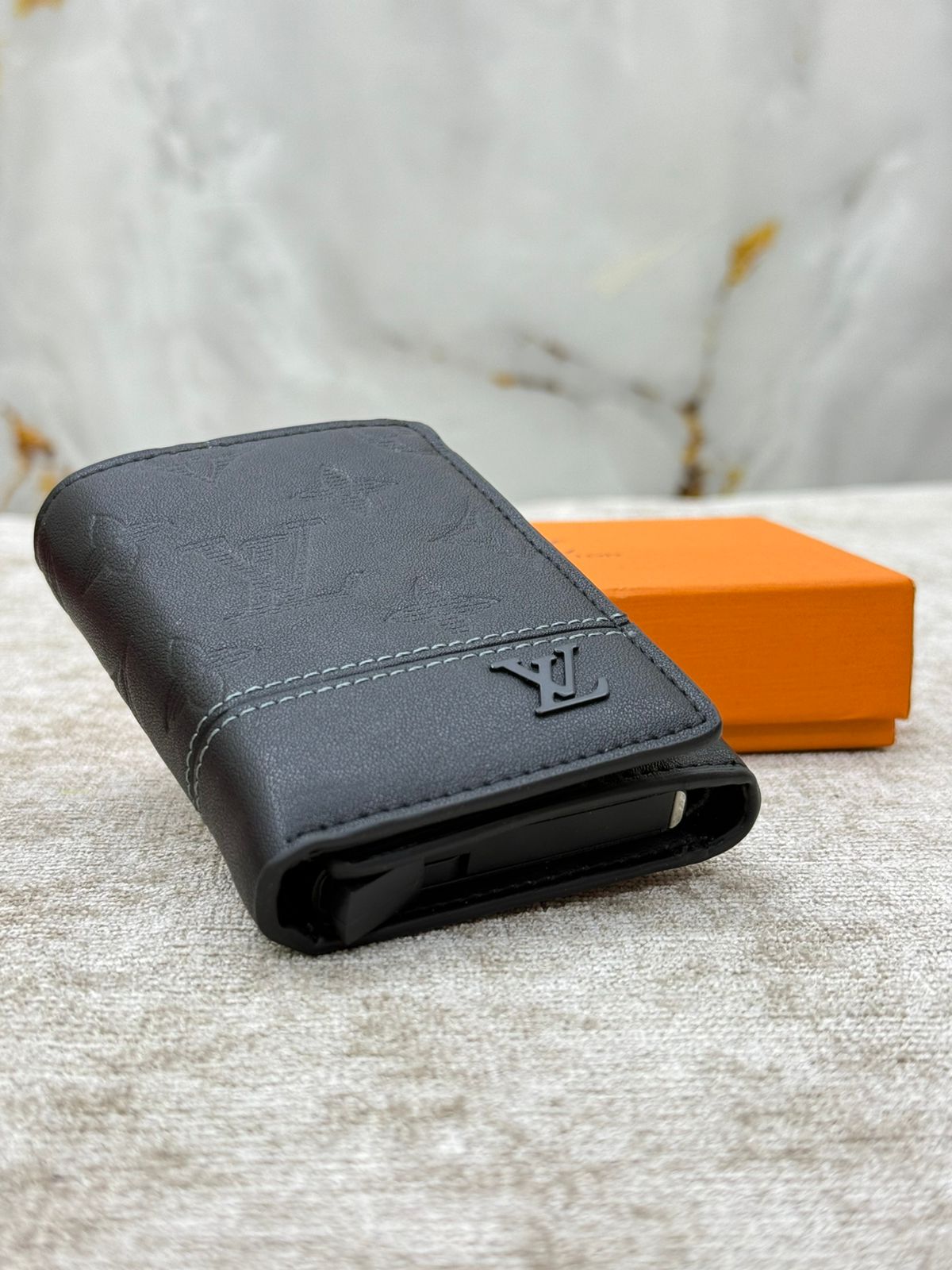 Black Compact Men’s Wallet with Orange Gift Box