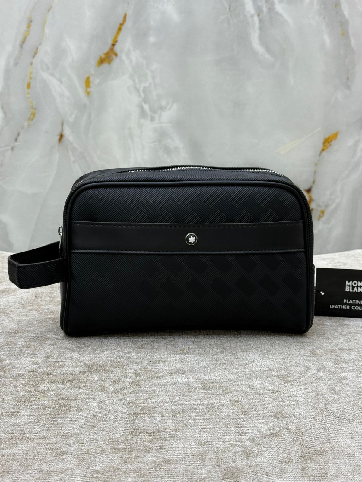 Black Mont Blanc Pattern Leather Clutch Bag with Front Zip Pocket