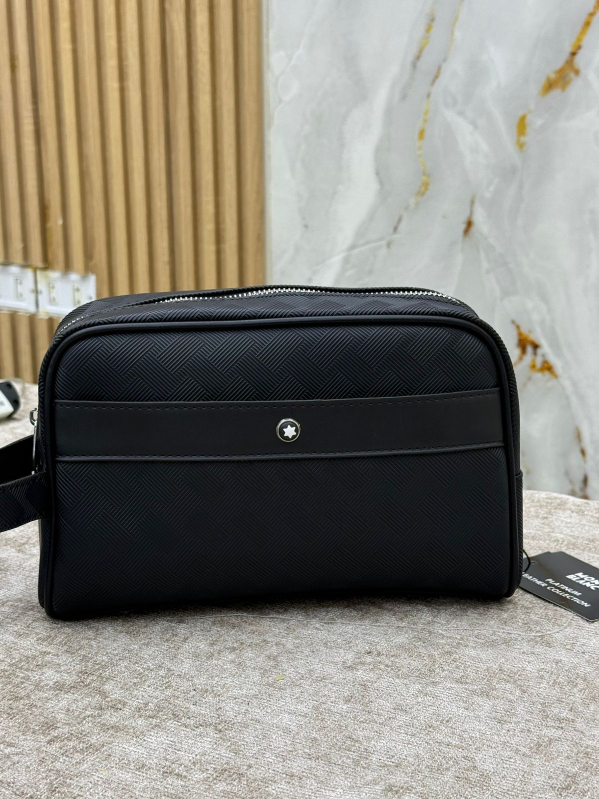 Black Mont Blanc Pattern Leather Clutch Bag with Front Zip Pocket
