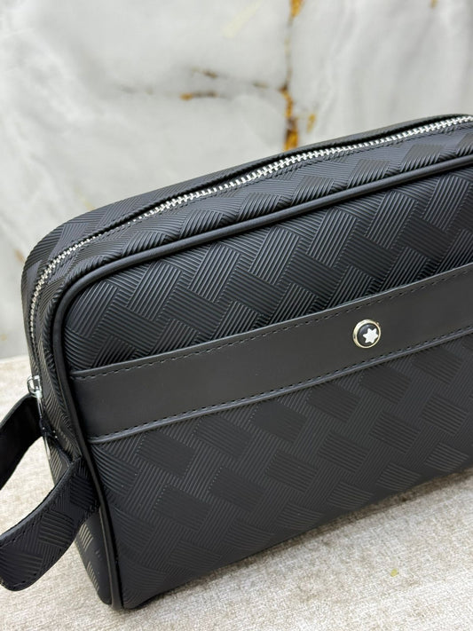 Black Mont Blanc Pattern Leather Clutch Bag with Front Zip Pocket