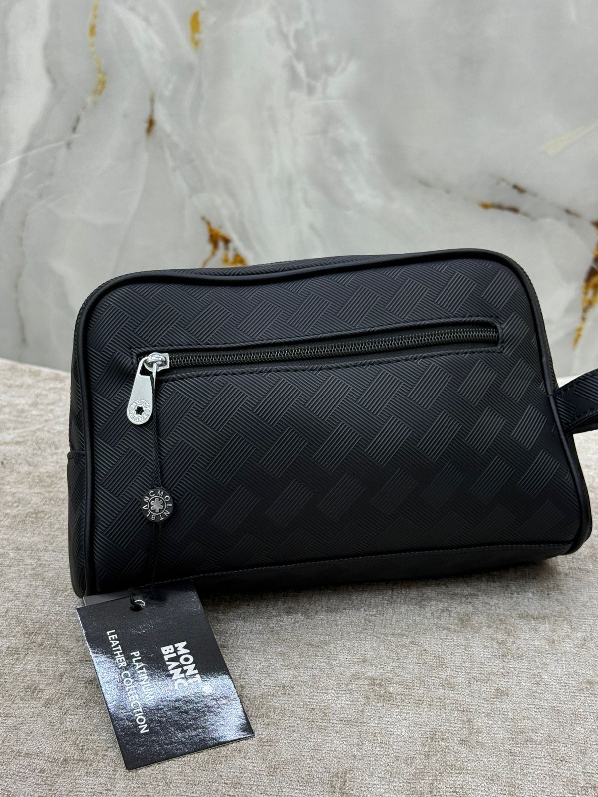 Black Pattern Leather Clutch Bag with Front Zip Pocket