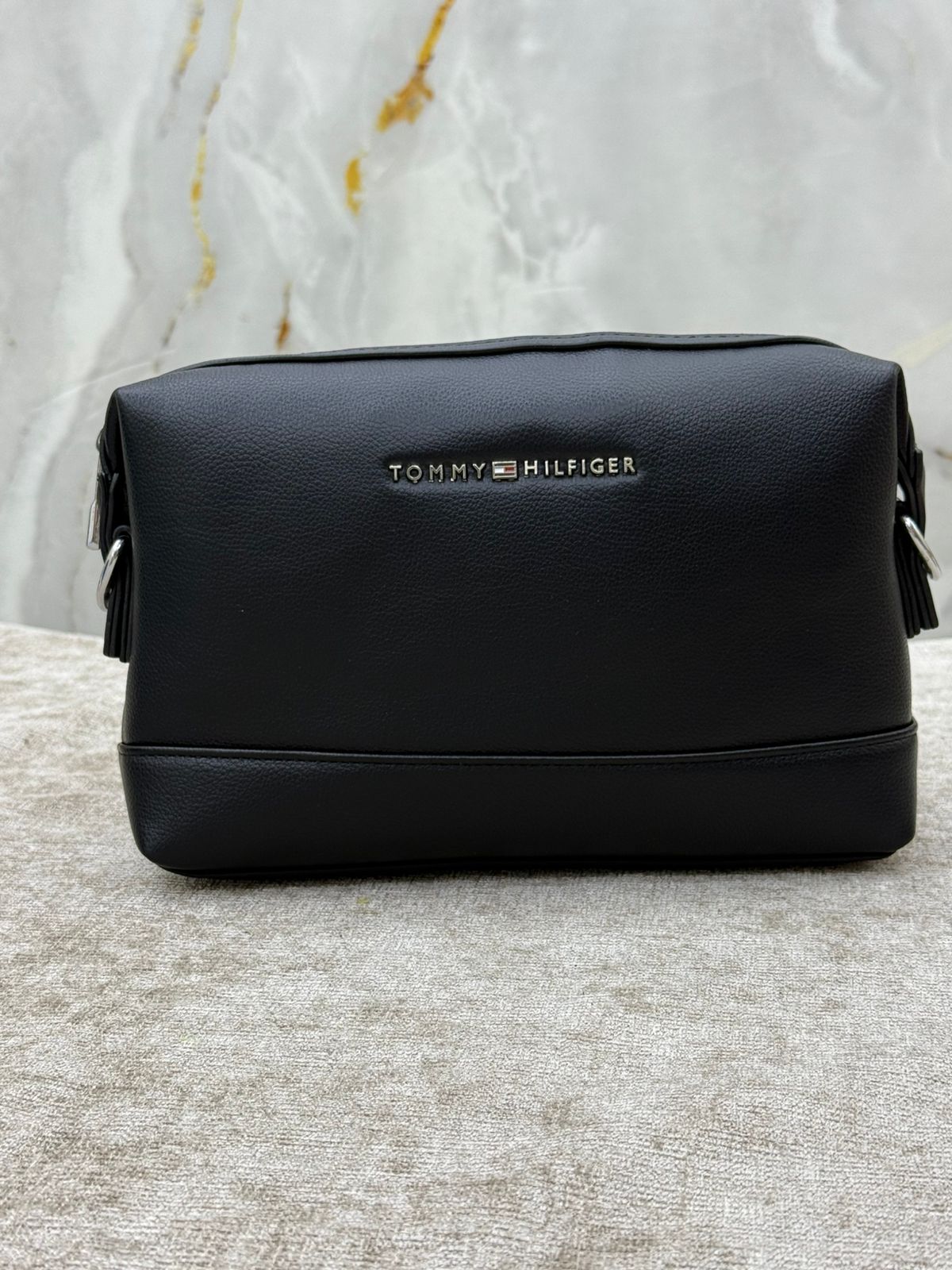 Black Tommy Hilfiger Leather Crossbody Clutch Bag with Back Zip Pockets