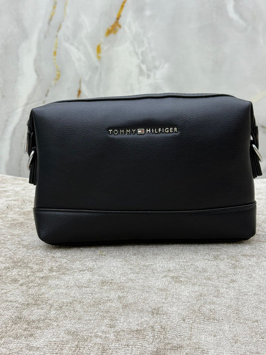 Black Tommy Hilfiger Leather Crossbody Clutch Bag with Back Zip Pockets