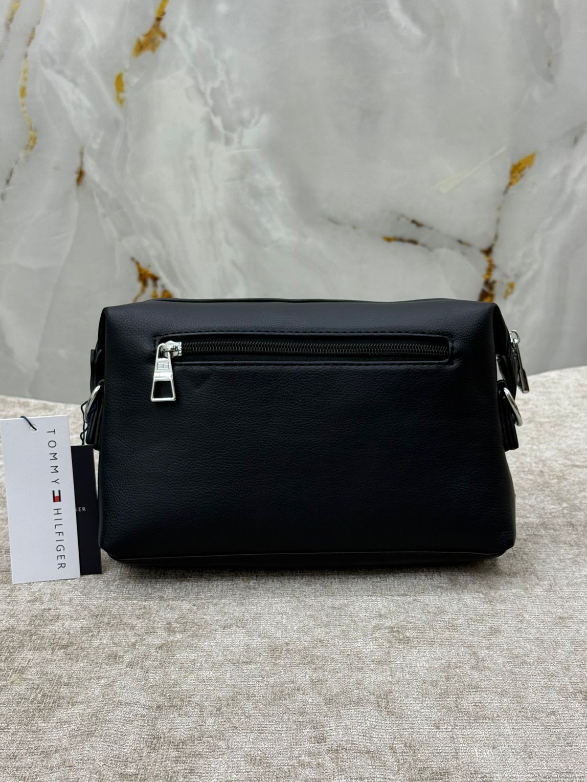 Black Leather Crossbody Clutch Bag with Back Zip Pockets
