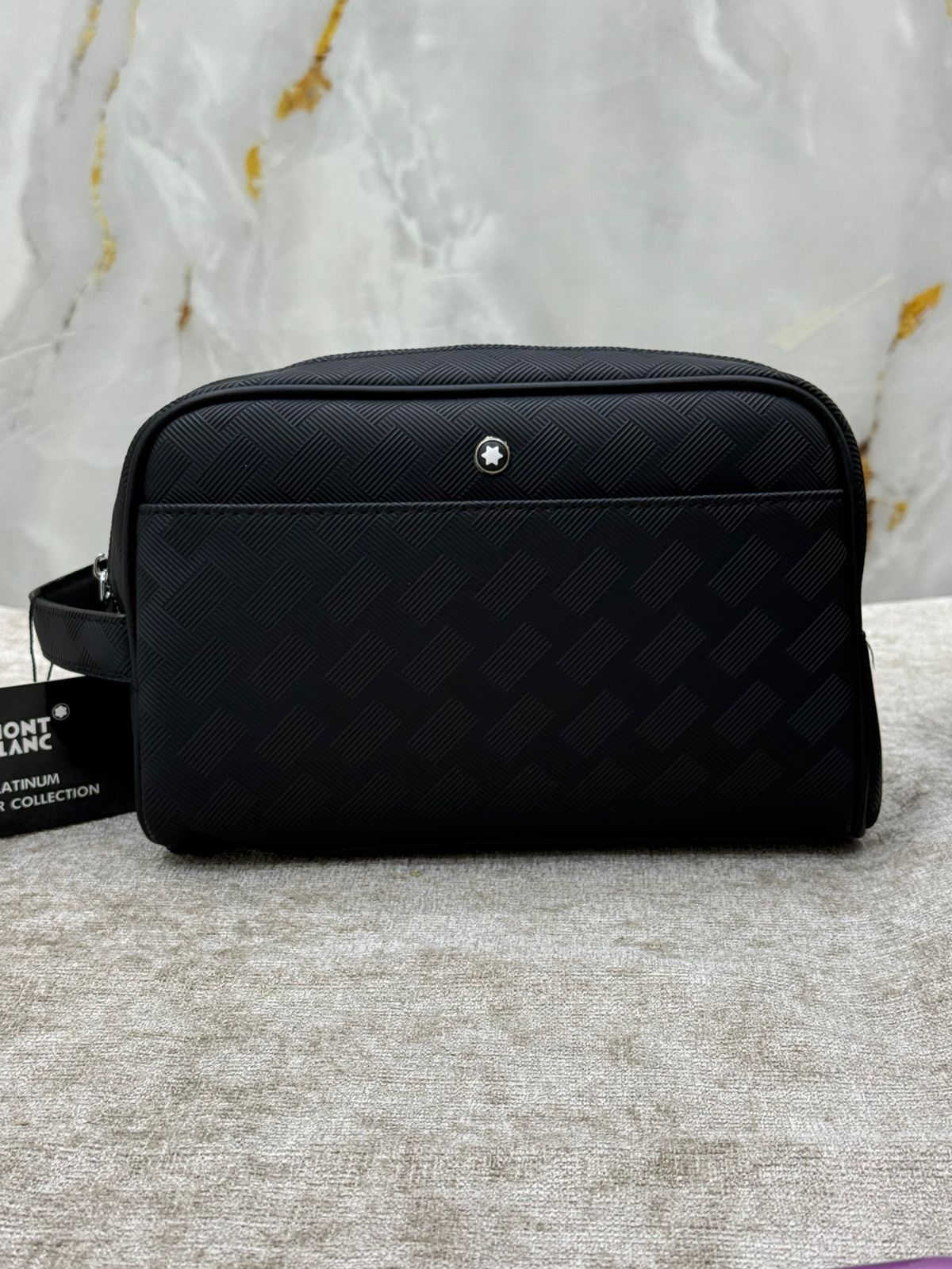 Black Montblanc Woven Pattern Leather Clutch Bag with Front Zip Pocket