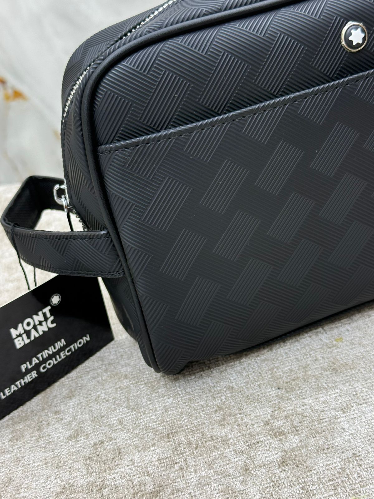 Black Montblanc Woven Pattern Leather Clutch Bag with Front Zip Pocket