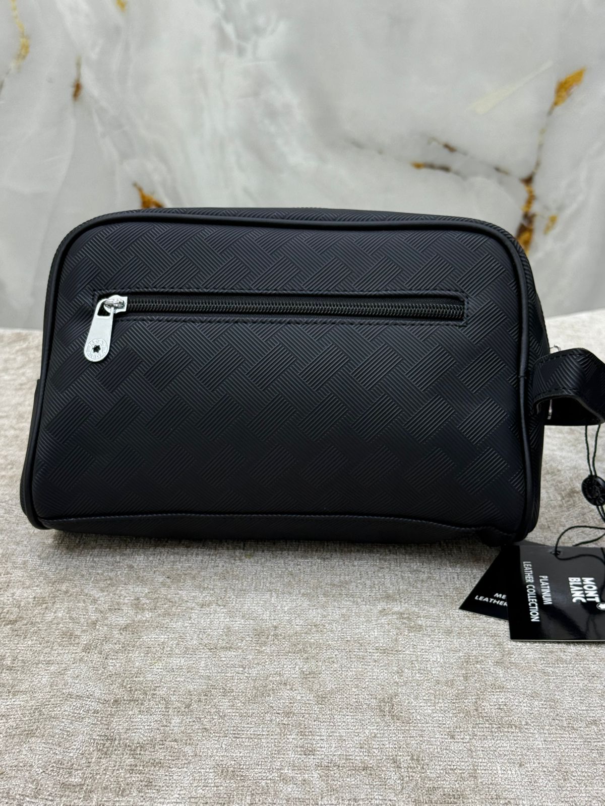 Black Woven Pattern Leather Clutch Bag with Front Zip Pocket