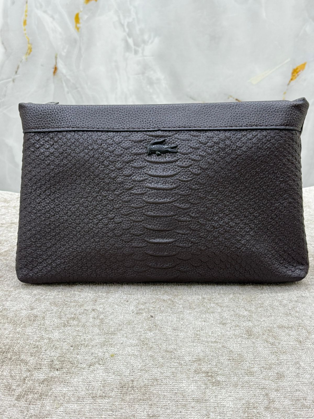 Black Lacoste Crocodile-Texture Leather Clutch Bag