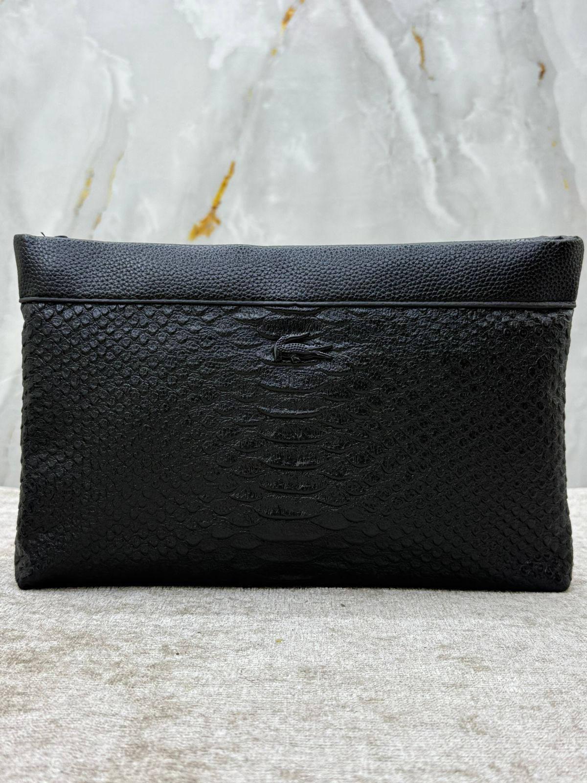 Black Lacoste Crocodile-Texture Leather Clutch Bag