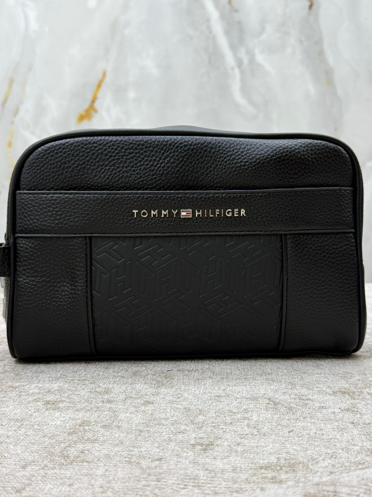 Black Leather Clutch Bag with Embossed Detail Pane