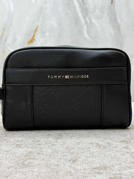 Black Tommy Hilfiger Leather Clutch Bag with Embossed Logo Pane