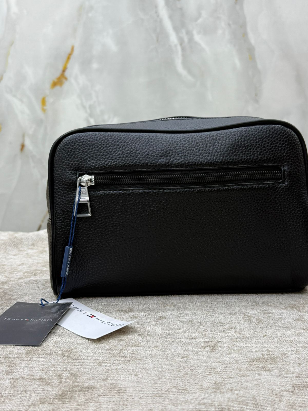 Black Tommy Hilfiger Leather Clutch Bag with Embossed Logo Pane