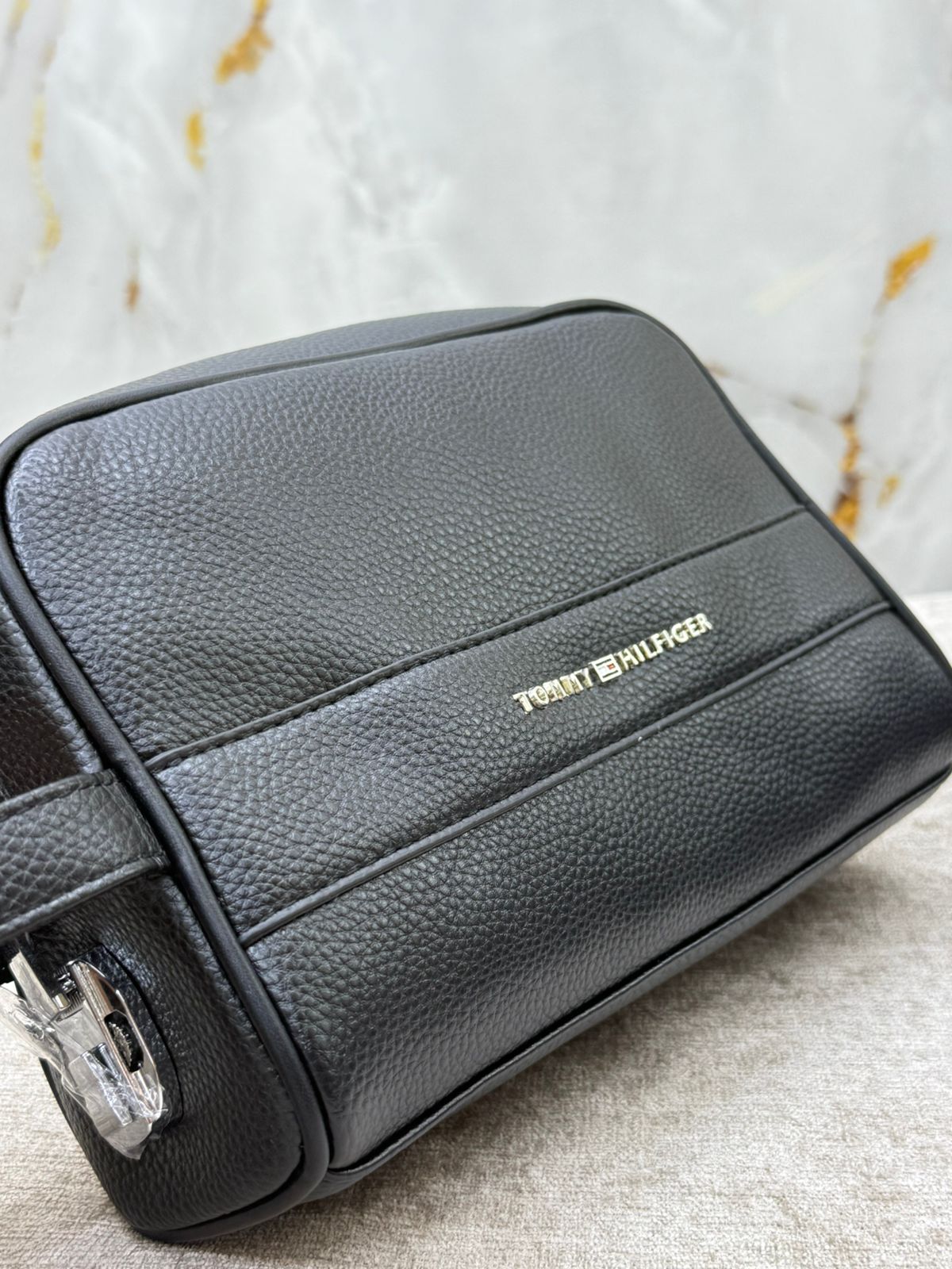 Black Tommy Hilfiger Pebbled Leather Crossbody Clutch Bag