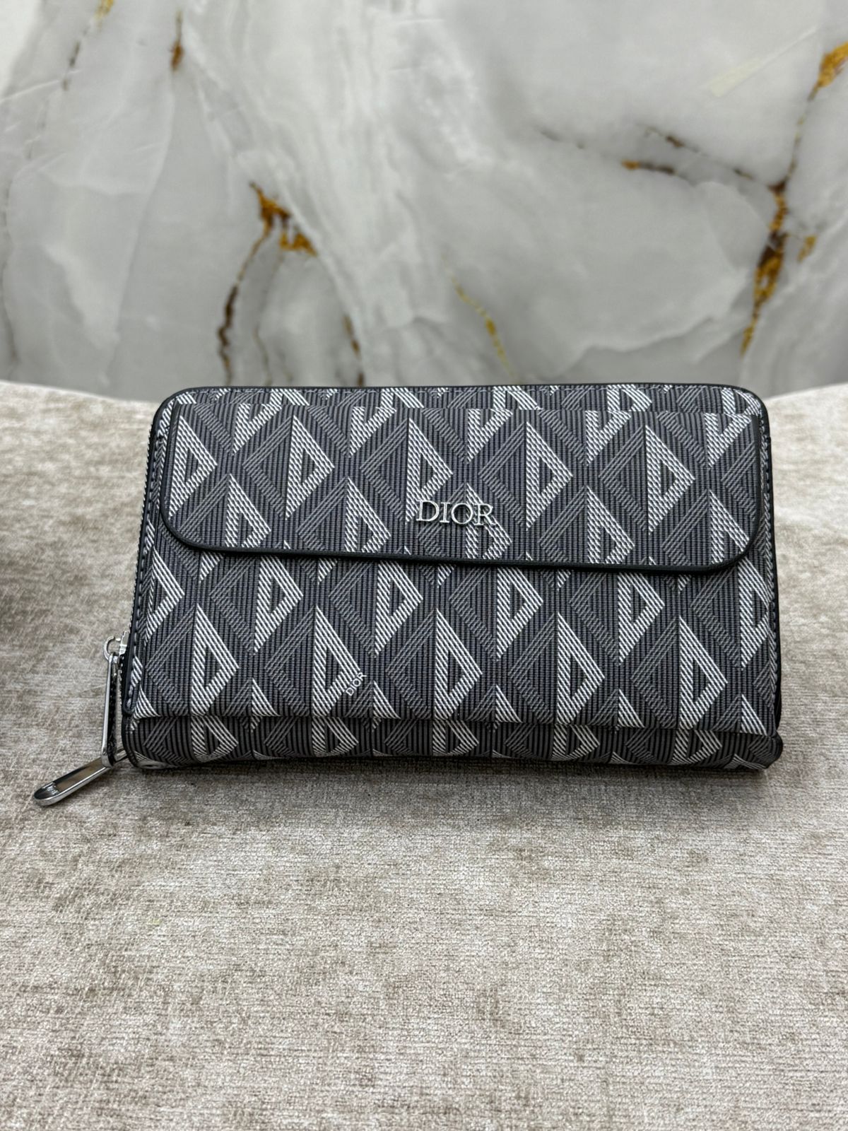 Grey Dior Geometric Pattern Zip Wallet Clutch Bag